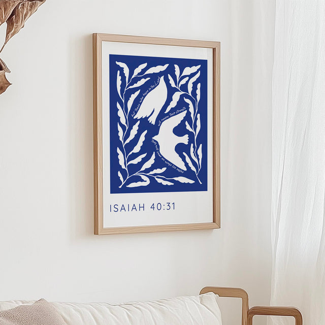 Isaiah 40:31 - Christian wall art print with white bird silhouette on deep blue background and Bible verse wings like eagles.