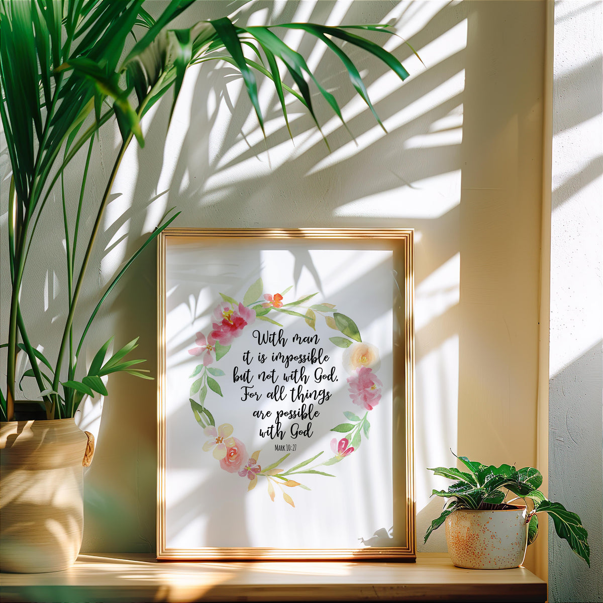 Mark 10:27 – All things are possible with God Christian wall art print with floral design.