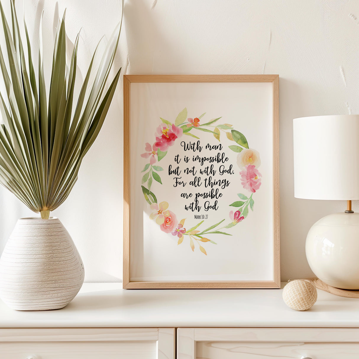 Mark 10:27 – Scripture wall decor with floral bouquet illustration.