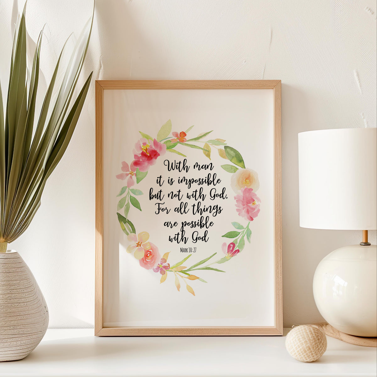 Mark 10:27 – Scripture wall decor with floral bouquet illustration.
