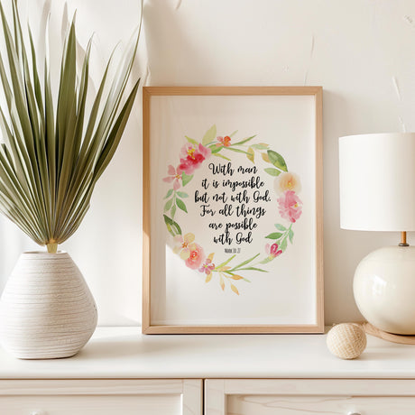 Mark 10:27 – Scripture wall decor with floral bouquet illustration.