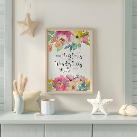 Psalm 139:14 – Christian floral wall art featuring uplifting Bible verse about being fearfully and wonderfully made.
