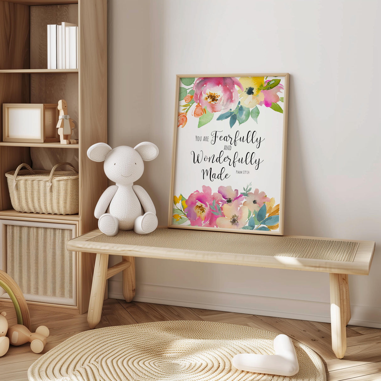 Psalm 139:14 – Fearfully and wonderfully made Christian wall art with watercolour floral design and uplifting scripture.