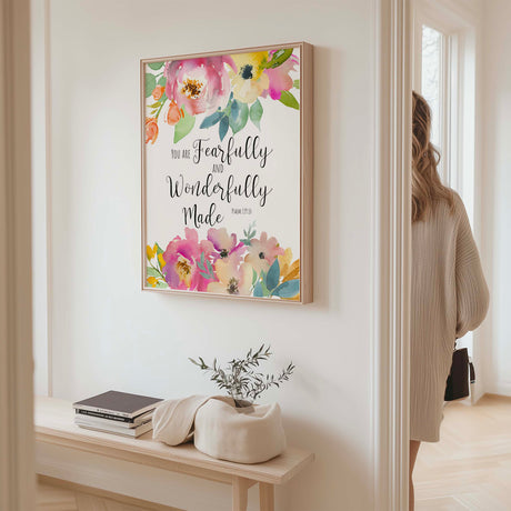 Psalm 139:14 – Bible verse wall art featuring colourful florals and scripture celebrating identity and God’s creation.
