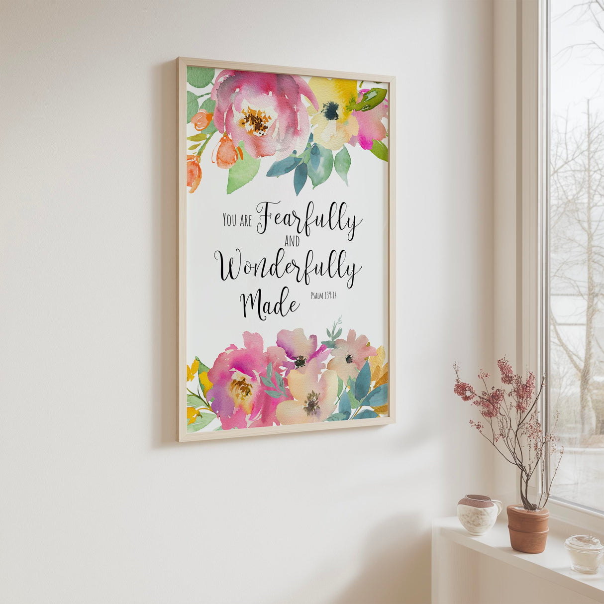 Psalm 139:14 – Christian wall art print with floral watercolour design and Bible verse celebrating God’s perfect creation.