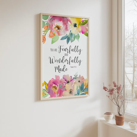 Psalm 139:14 – Christian wall art print with floral watercolour design and Bible verse celebrating God’s perfect creation.