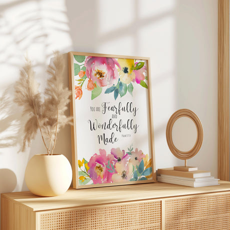 Psalm 139:14 – Scripture wall art with elegant floral accents and verse reminding you of your God given worth.