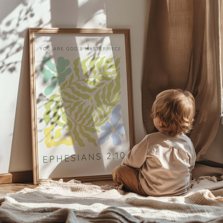 Modern floral scripture print with Matisse-style cut-out design and the verse "You Are God’s Masterpiece."