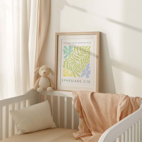 Abstract Christian art print in pastels with floral shapes and the quote from Ephesians 2:10.