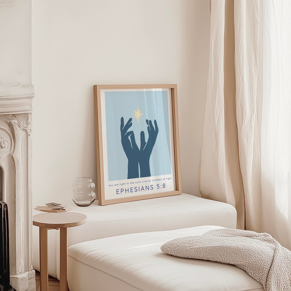 Ephesians 5:8 - Inspirational Christian wall art showing hands reaching into divine light with scripture You are light in the Lord.