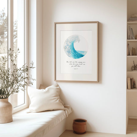 Serene ocean wave art print in soft turquoise tones with the Bible verse Psalm 89:9, offering comfort, faith, and a sense of calm through Scripture.