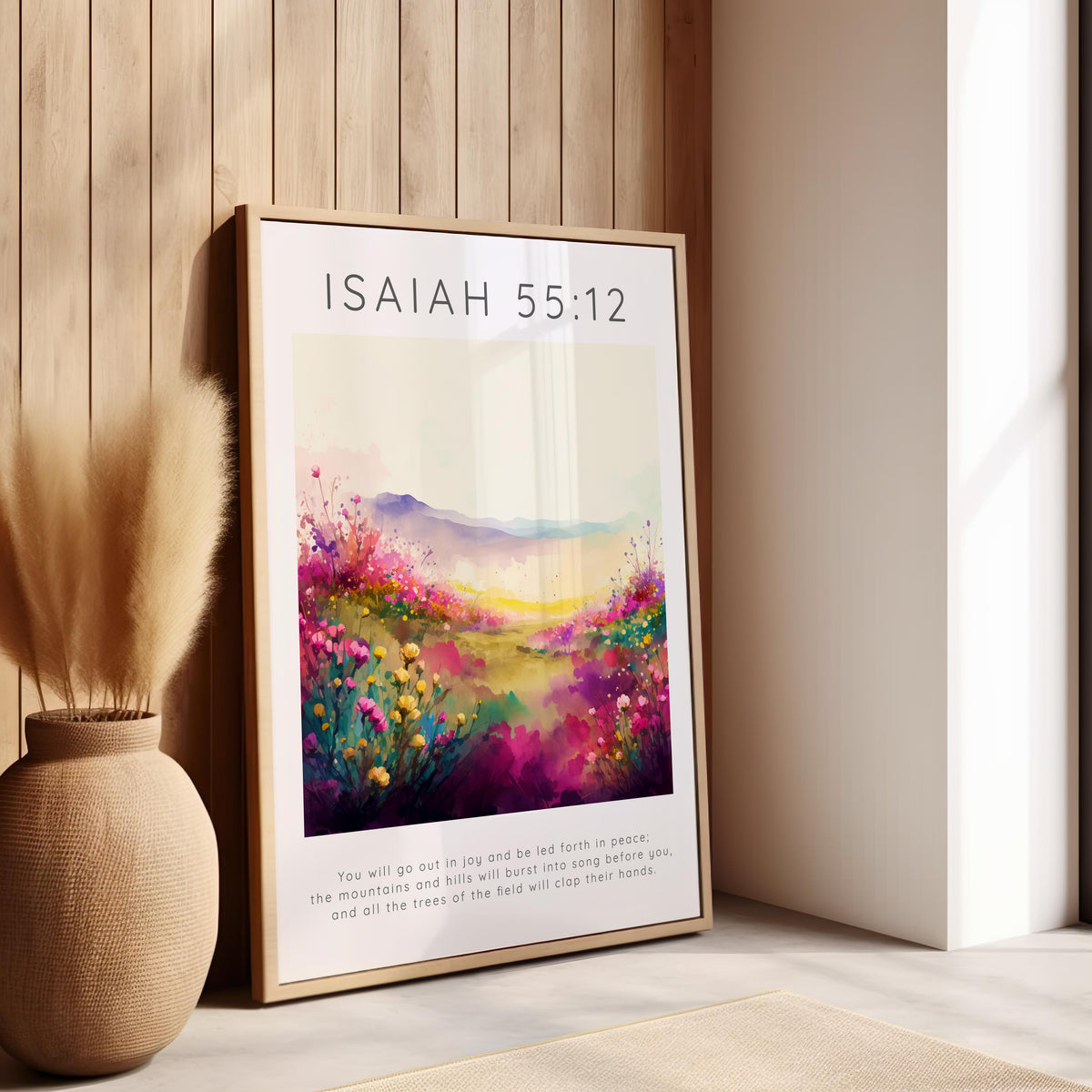 Isaiah 55:12 – Christian wall art featuring colourful meadow and scripture.