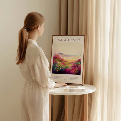 Isaiah 55:12 – Inspirational landscape print with Bible verse about joy.