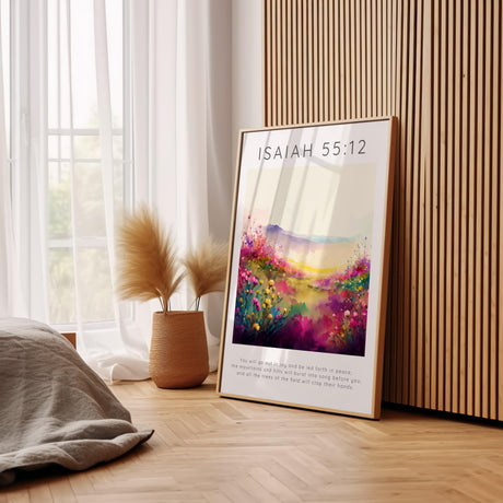 Isaiah 55:12 – Floral meadow Christian art with uplifting scripture quote.