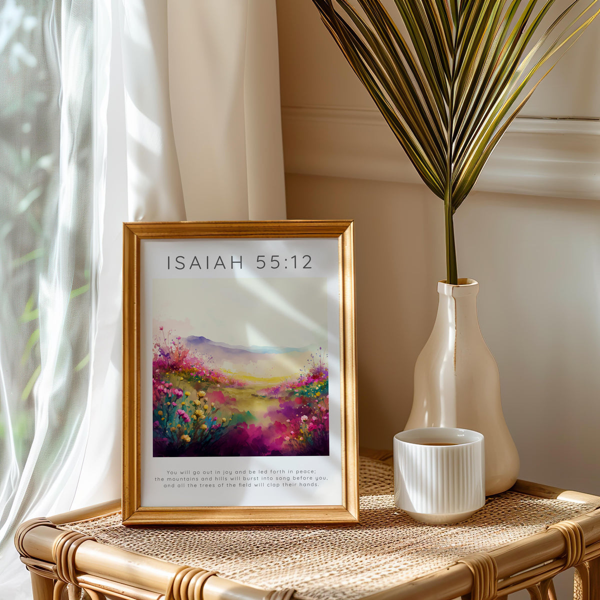 Isaiah 55:12 – Joyful floral meadow with Bible verse wall art print.