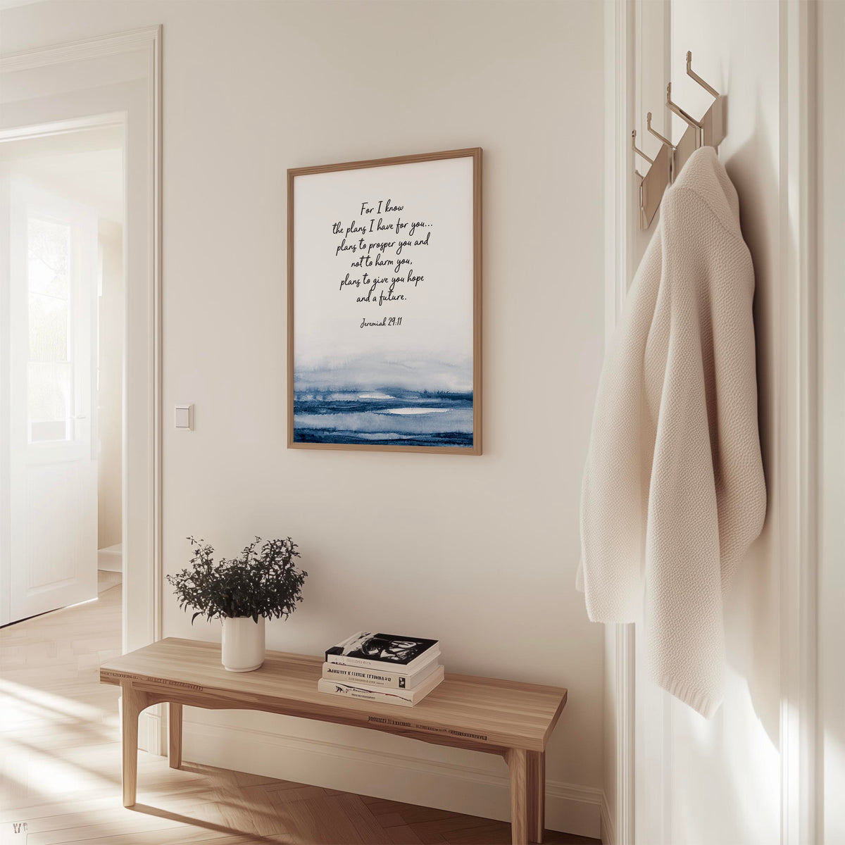 Jeremiah 29:11 - Christian wall art print with hopeful Bible verse above calming blue indigo water design, faith filled home decor.