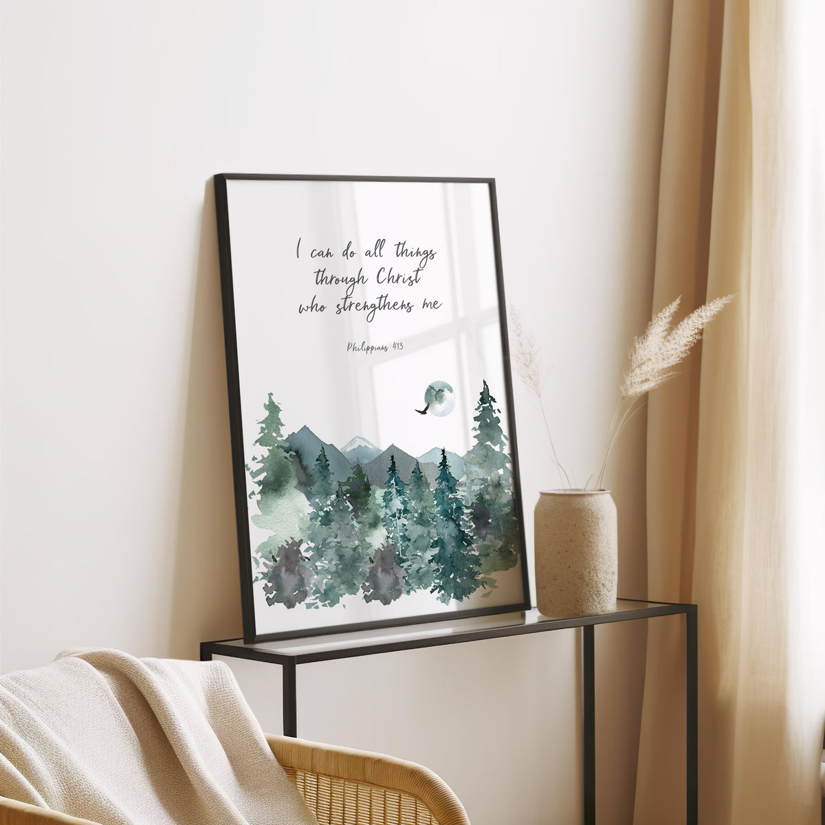 Philippians 4:13 – I can do all things Christian wall art with watercolour mountain design and faith inspired scripture.