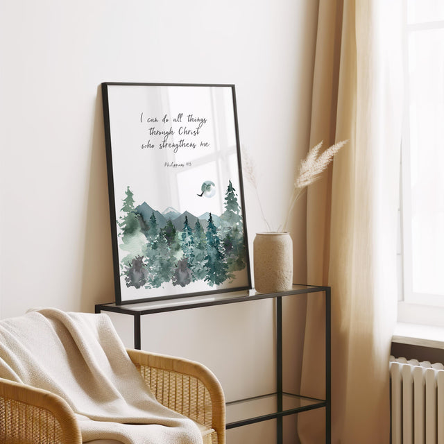 Philippians 4:13 – I can do all things Christian wall art with watercolour mountain design and faith inspired scripture.