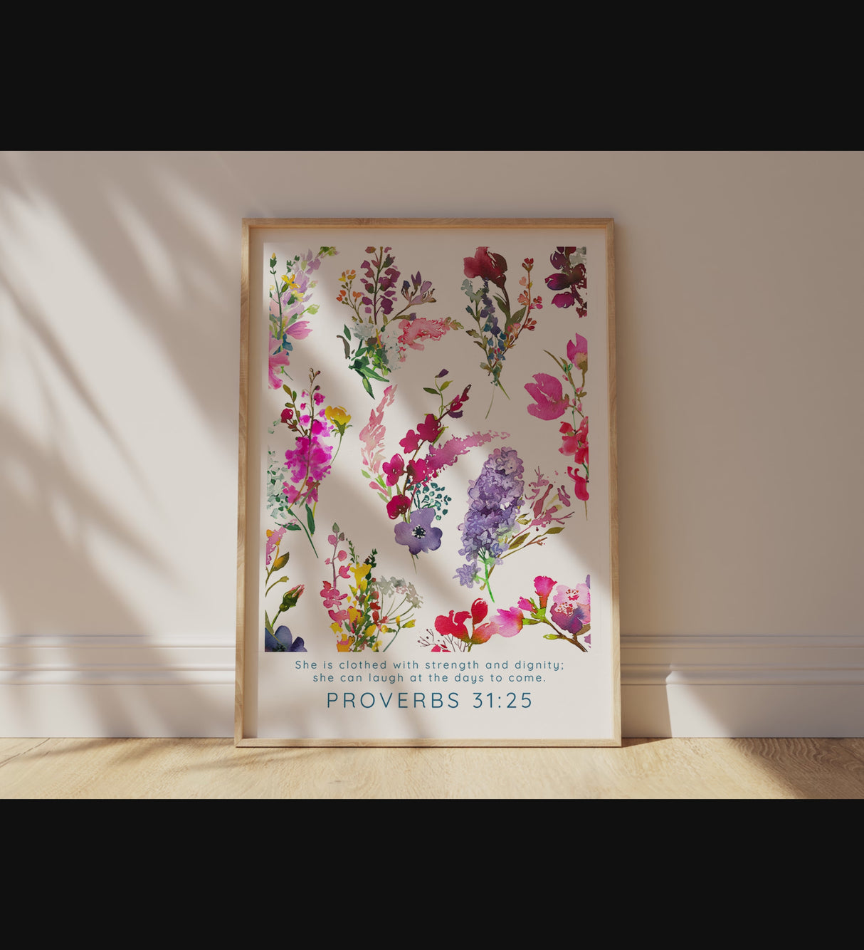 Bible verse print with floral motif, Vibrant floral Bible quote print, Empowering scripture art for her
