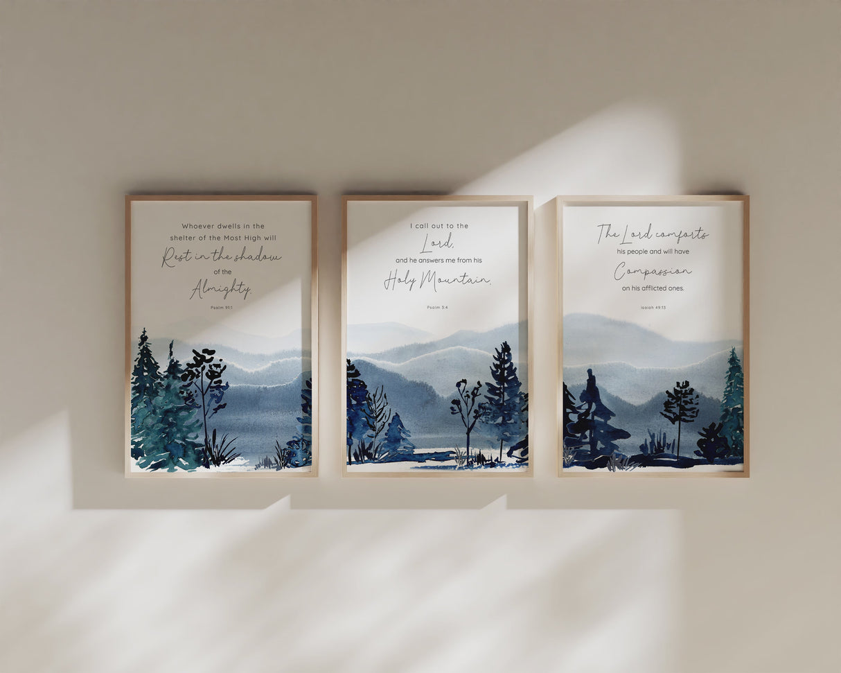 Spiritual watercolour mountain decor, Psalm and Isaiah scripture art prints, Christian home decor with mountain motifs