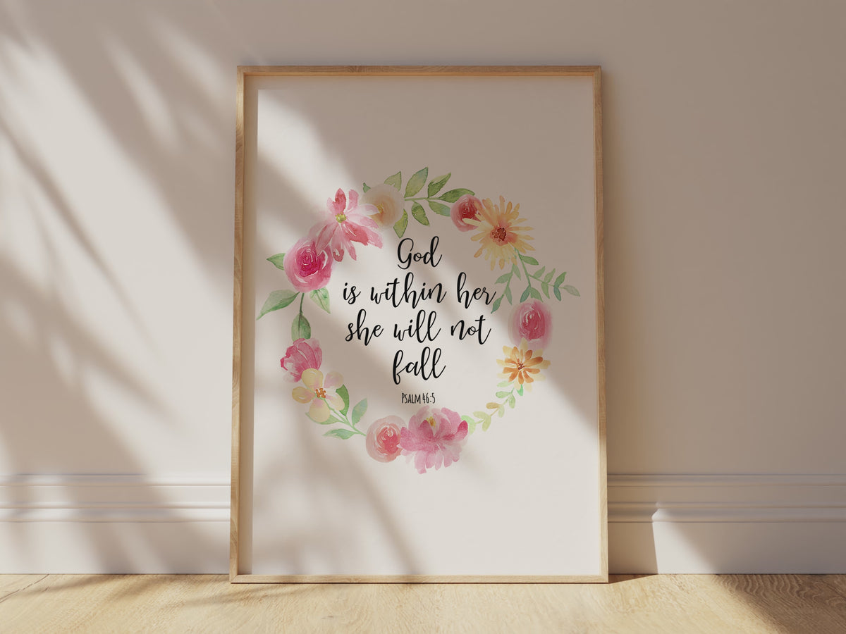 Psalm 46:5 scripture surrounded by floral elegance, Botanical-themed print for spiritual upliftment, Psalm 46:5 print