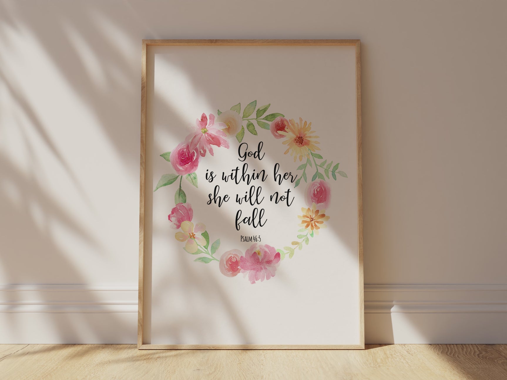 Psalm 46:5 scripture surrounded by floral elegance, Botanical-themed print for spiritual upliftment, Psalm 46:5 print