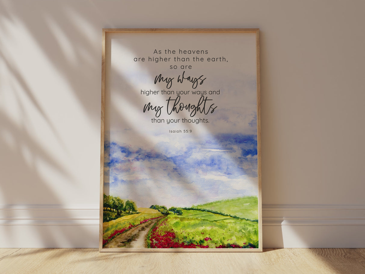 Higher ways and thoughts Bible verse decor, English countryside pathway with Isaiah quote, Landscape print with scripture