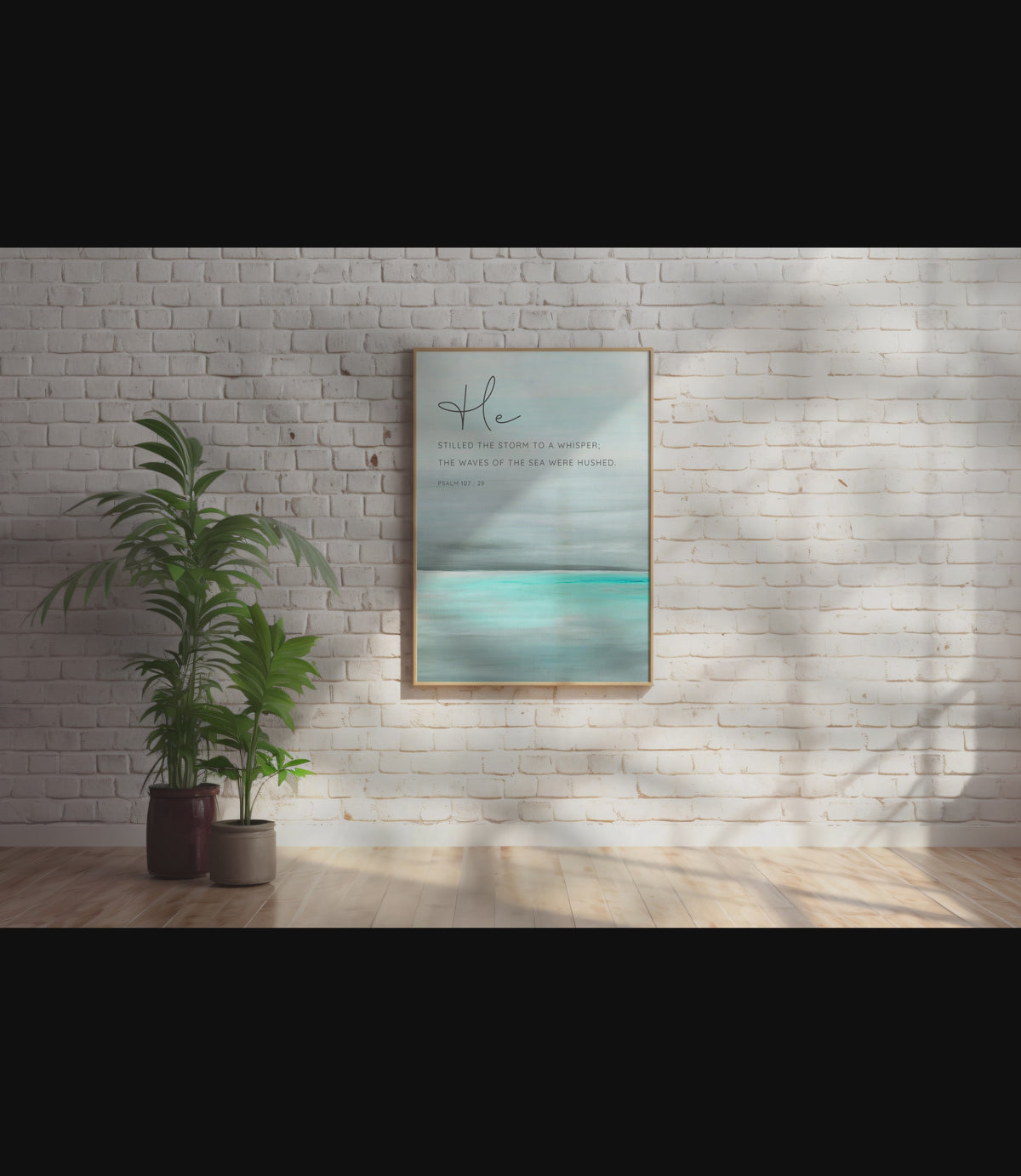 He Stilled The Storm Christian Wall Art Print, Psalm 107 Bible Verse, Abstract seascape Bible verse print