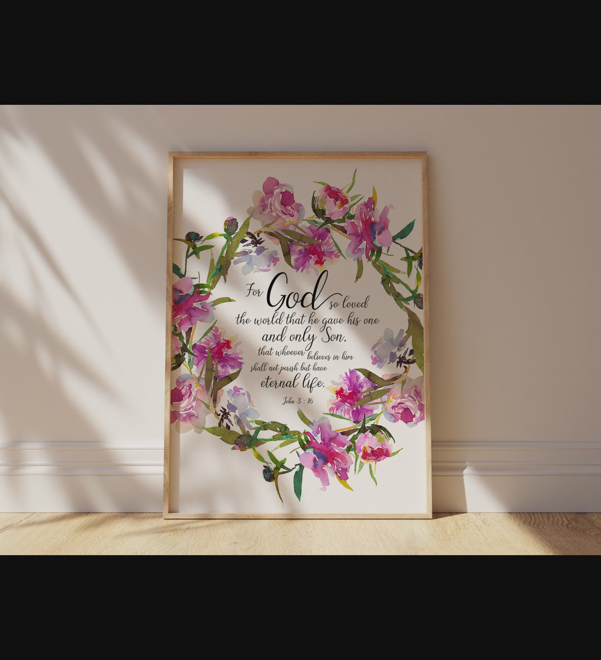 Religious pink floral print, Encouraging scripture home decoration, Christian wall art with Bible verse, john 3 16 print