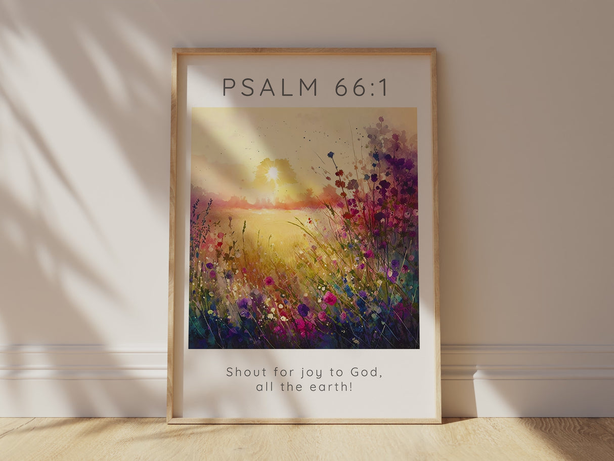 Shout For Joy Christian Wall Art Print, Psalm 66 1 Garden Scripture, Meadow-Inspired Bible Verse Decor, Floral Psalm 66:1 Wall Art