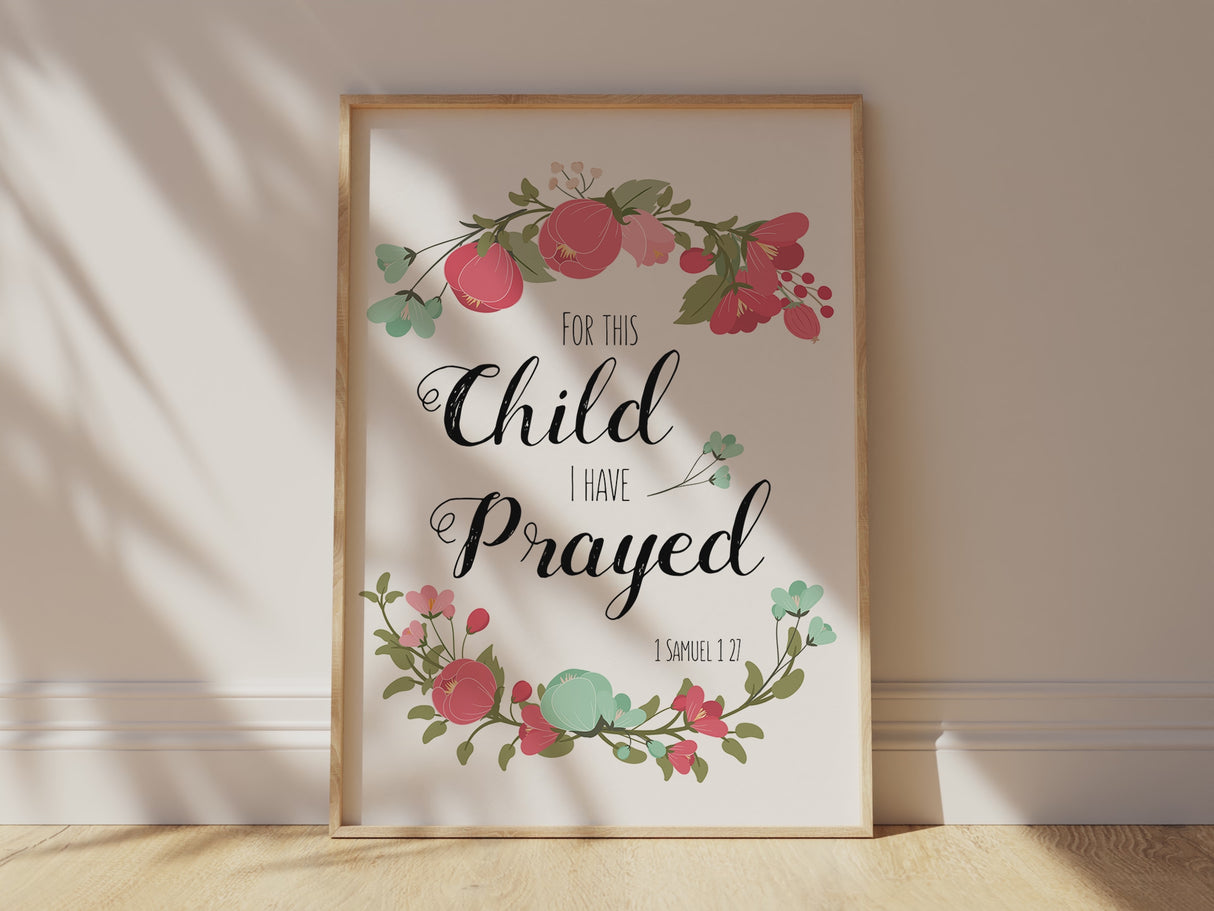 For This Child I Have Prayed Christian Wall Art Print, 1 Samuel 1 27, eartfelt 1 Samuel 1:27 coral and turquoise print