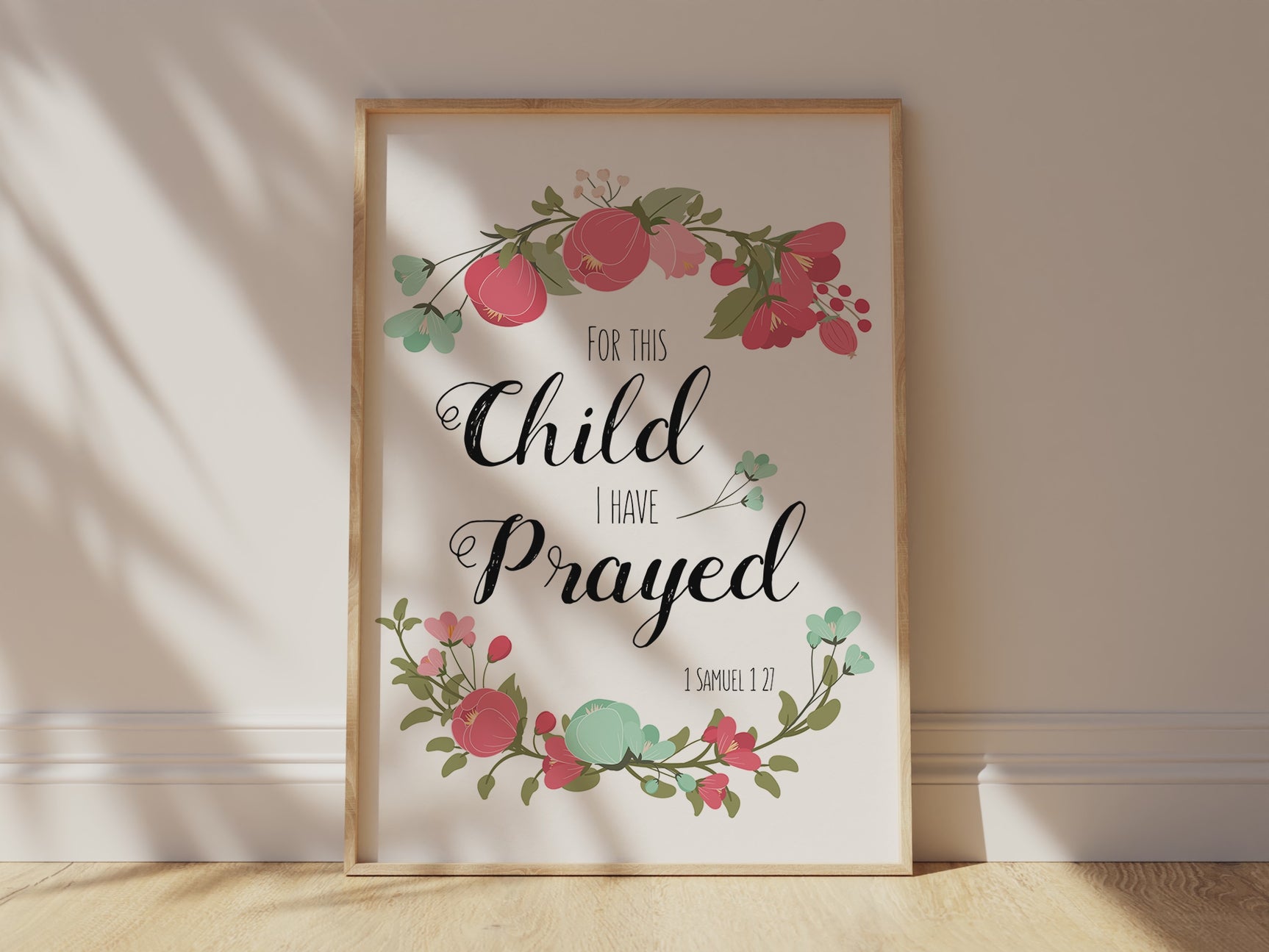 For This Child I Have Prayed Christian Wall Art Print, 1 Samuel 1 27, eartfelt 1 Samuel 1:27 coral and turquoise print