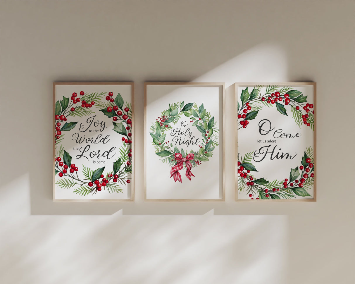 Christmas Carol Wreath 3 Print Set – Traditional Holiday Decor