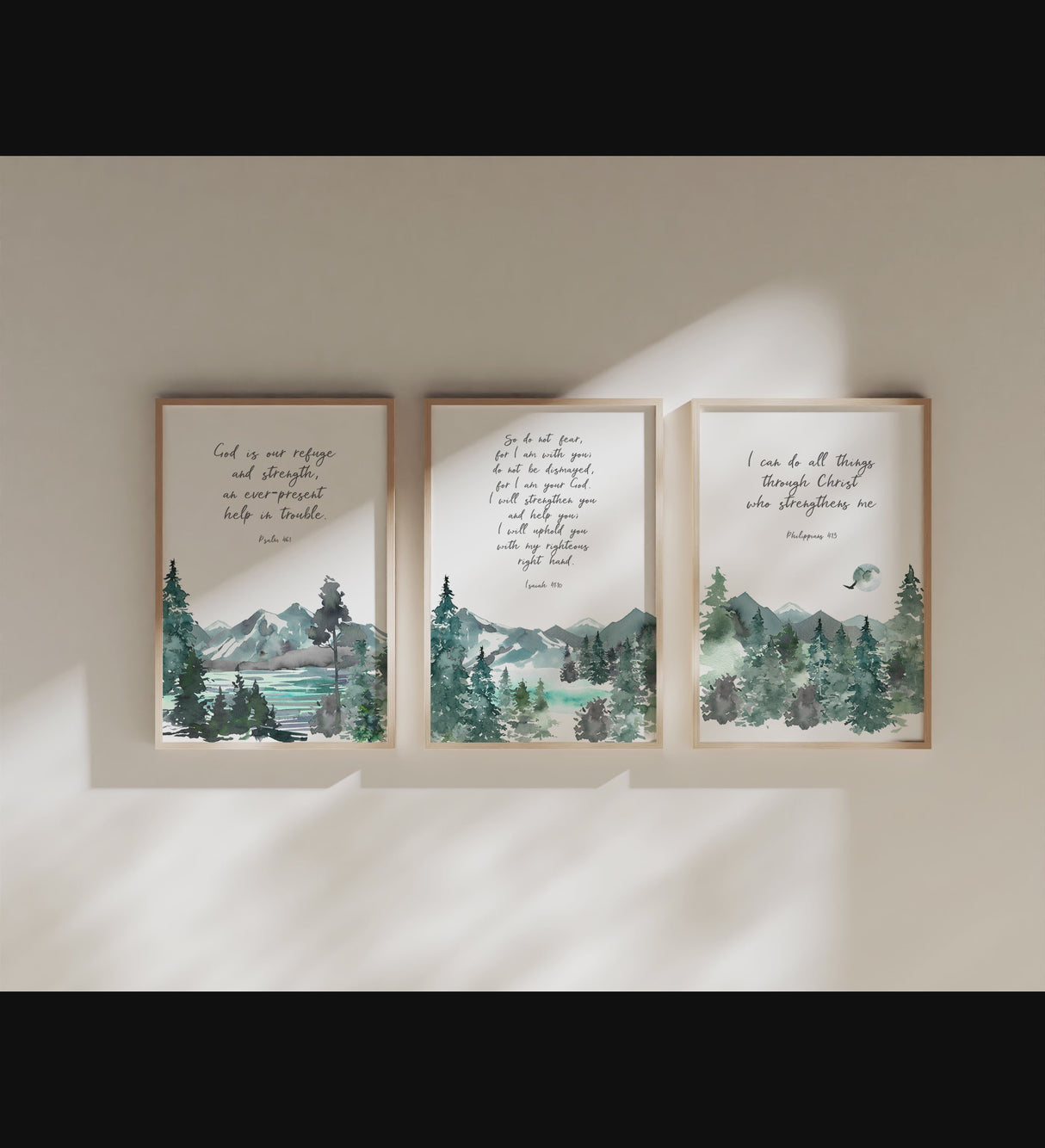 Encouraging scripture prints for living spaces, Faith-inspired wall art set with UK spellings, Mountain Bible verse prints