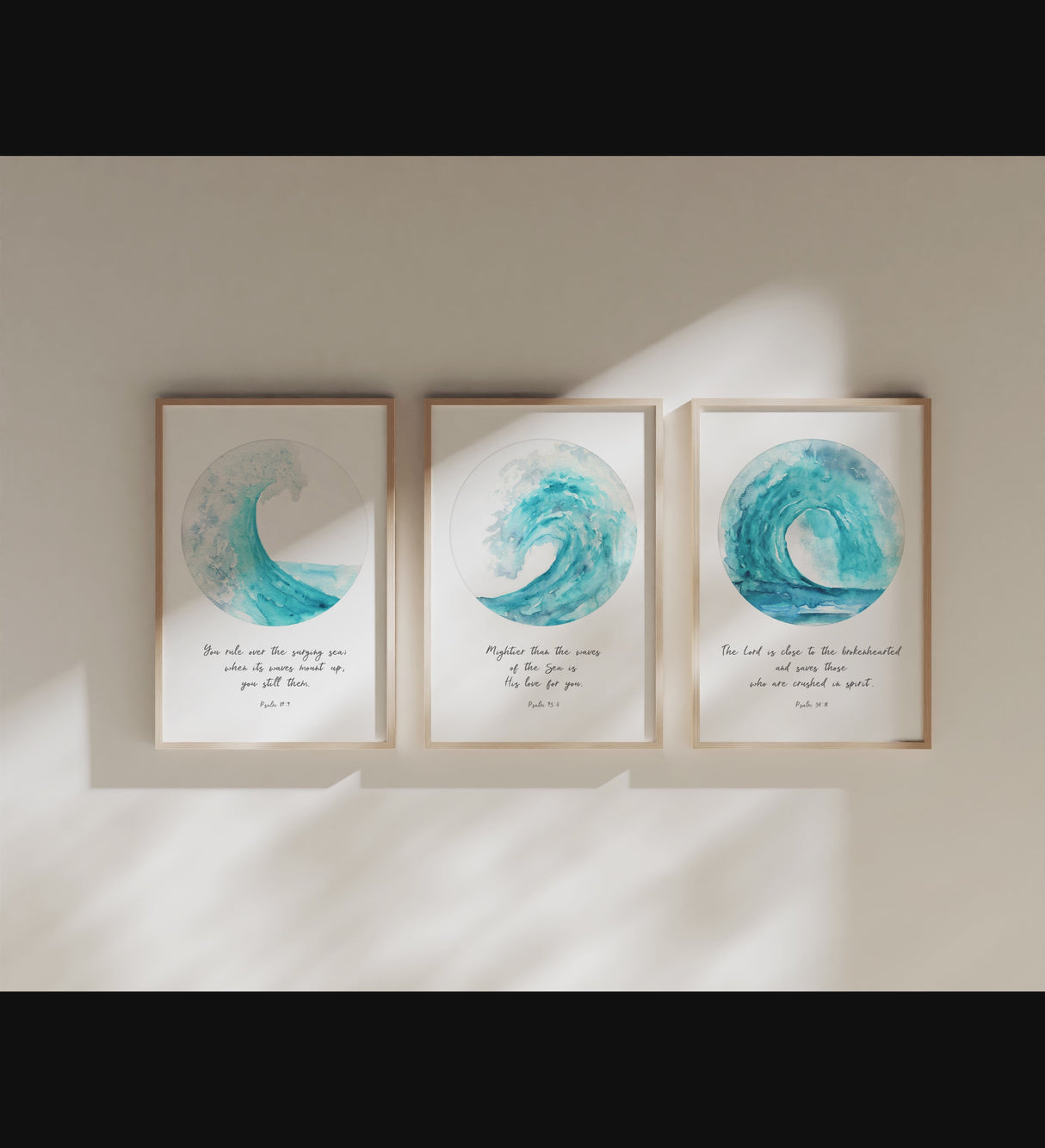 Ocean Waves Christian Wall Art 3 Print Set, Encouraging Scriputres, Turquoise wave Bible verse prints