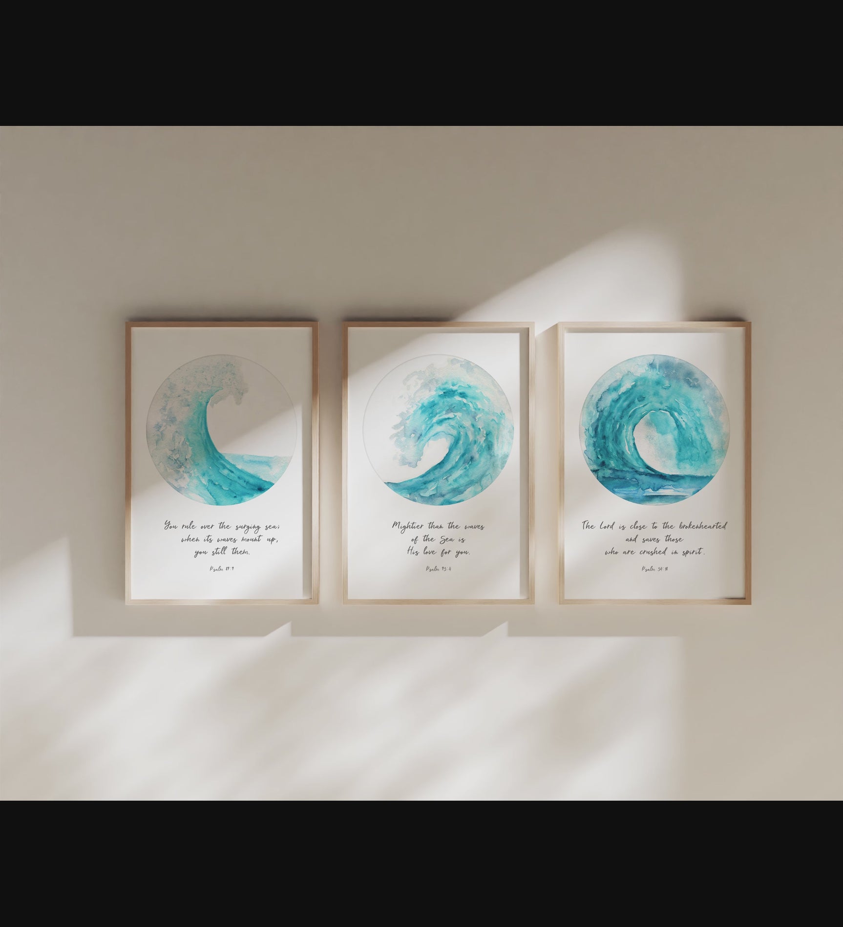 Ocean Waves Christian Wall Art 3 Print Set, Encouraging Scriputres, Turquoise wave Bible verse prints
