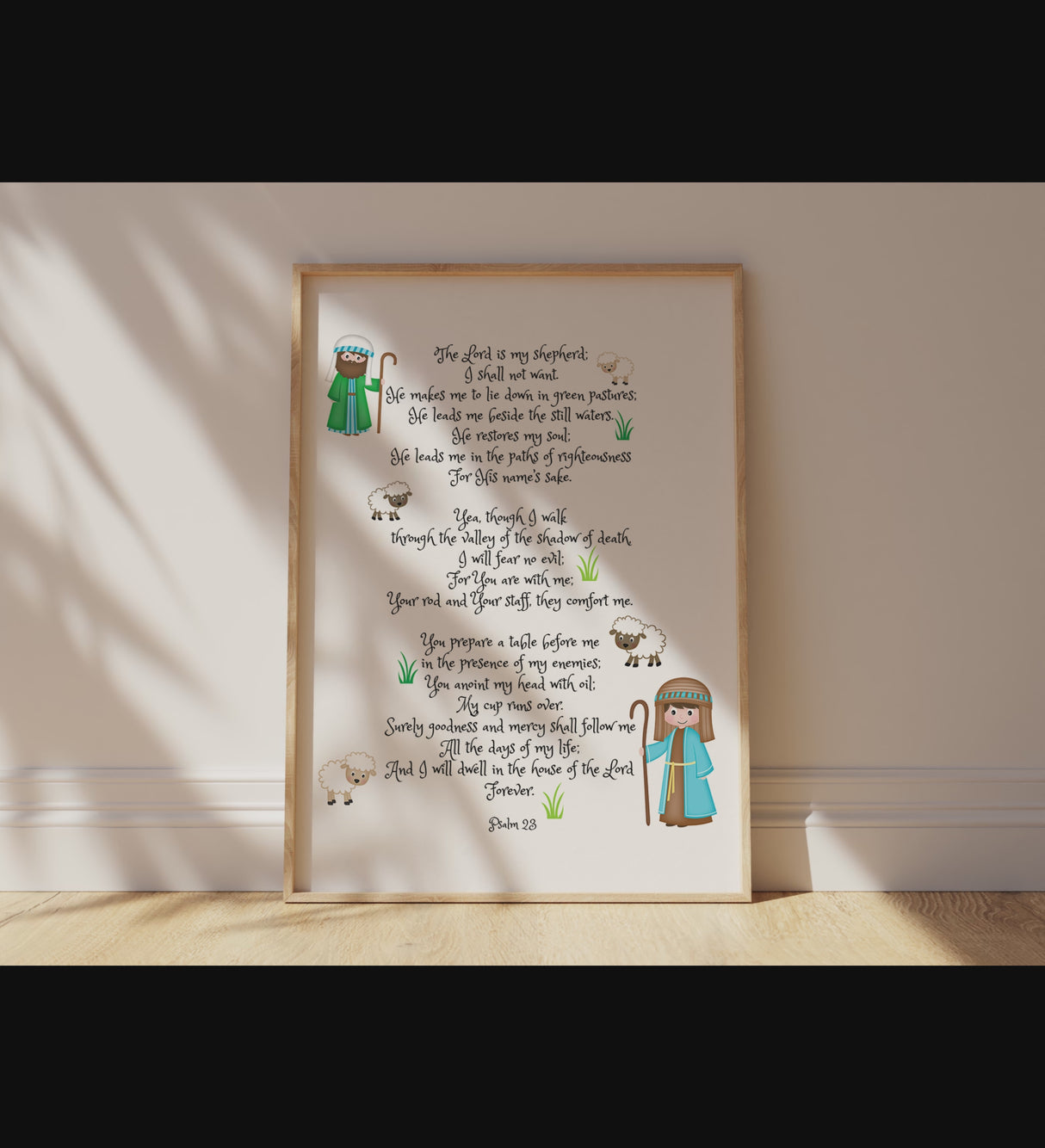 Christian home decor featuring shepherds and sheepm Psalm 23 Bible verse art for kids room, Psalm 23 verse print for prayer room