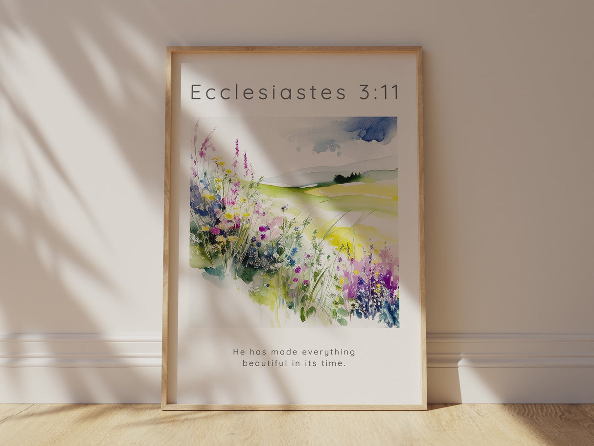 Inspirational scripture wall art with flower meadow, Flower field Bible verse print in various sizes, bible verse art