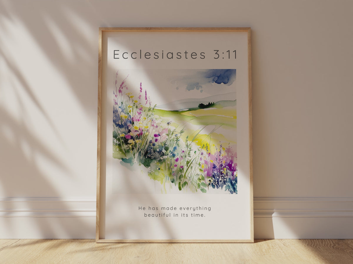 Inspirational scripture wall art with flower meadow, Flower field Bible verse print in various sizes, bible verse art