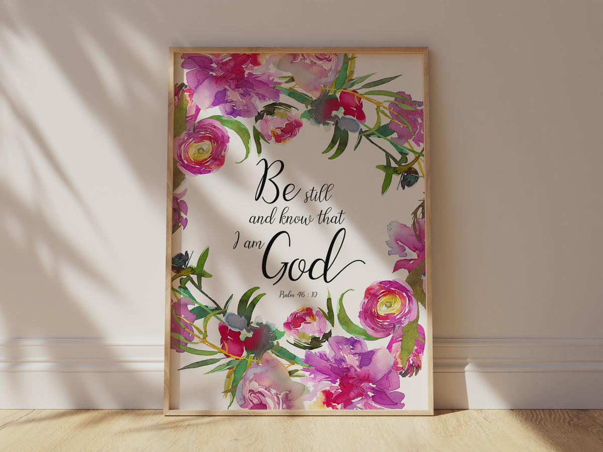 Serenity-inspired wall art with Psalm 46:10 in various sizes, Elegantly designed stillness print with pink florals and scripture