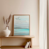 Psalm 107:29 - Christian wall art print with he stilled the storm scripture, serene abstract seascape decor for faith filled home.