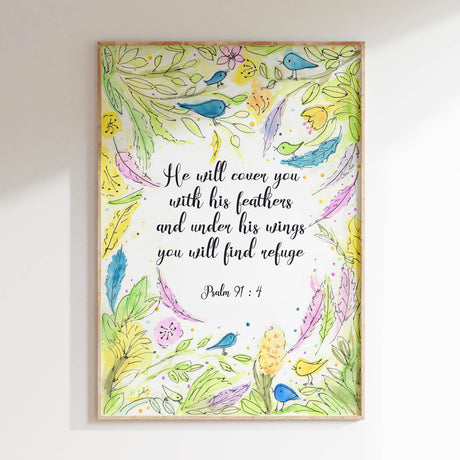 Psalm 91 4 Christian Art Wall Print, He Will Cover You With His Feathers Scripture Wall Art. Christian wall art print with botanical wreath, birds and feathers and comforting scripture about God’s protection.