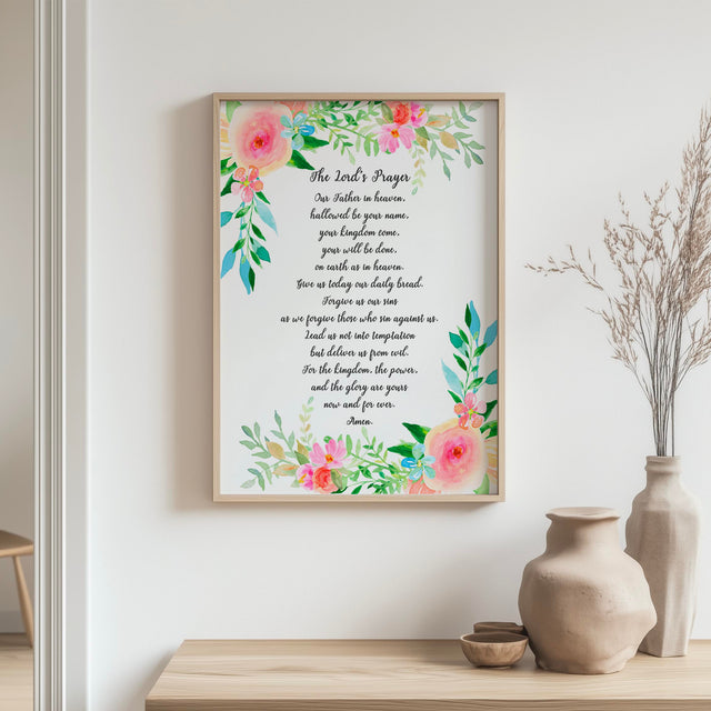 Matthew 6:9–13 – The Lord’s Prayer Christian wall art with watercolour floral design and full scripture text.