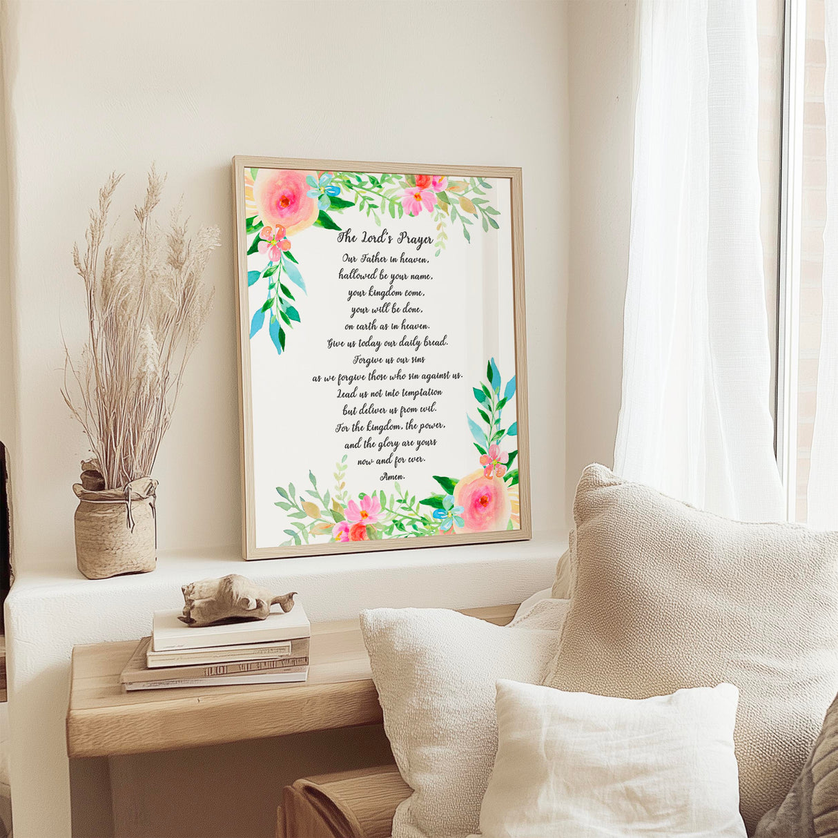 Matthew 6:9–13 – Christian prayer wall art with floral border and timeless Lord’s Prayer scripture.