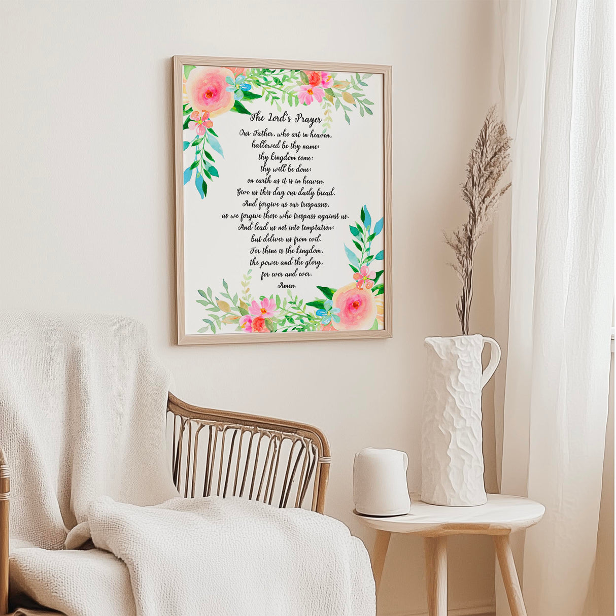 Matthew 6:9–13 – Bible verse wall art featuring the Lord’s Prayer surrounded by delicate watercolour flowers.