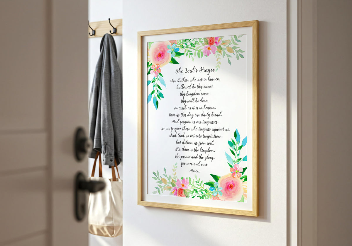 Matthew 6:9–13 – Lord’s Prayer Christian wall art with traditional scripture text and watercolour floral design.