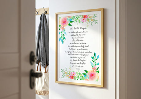 Matthew 6:9–13 – Lord’s Prayer Christian wall art with traditional scripture text and watercolour floral design.