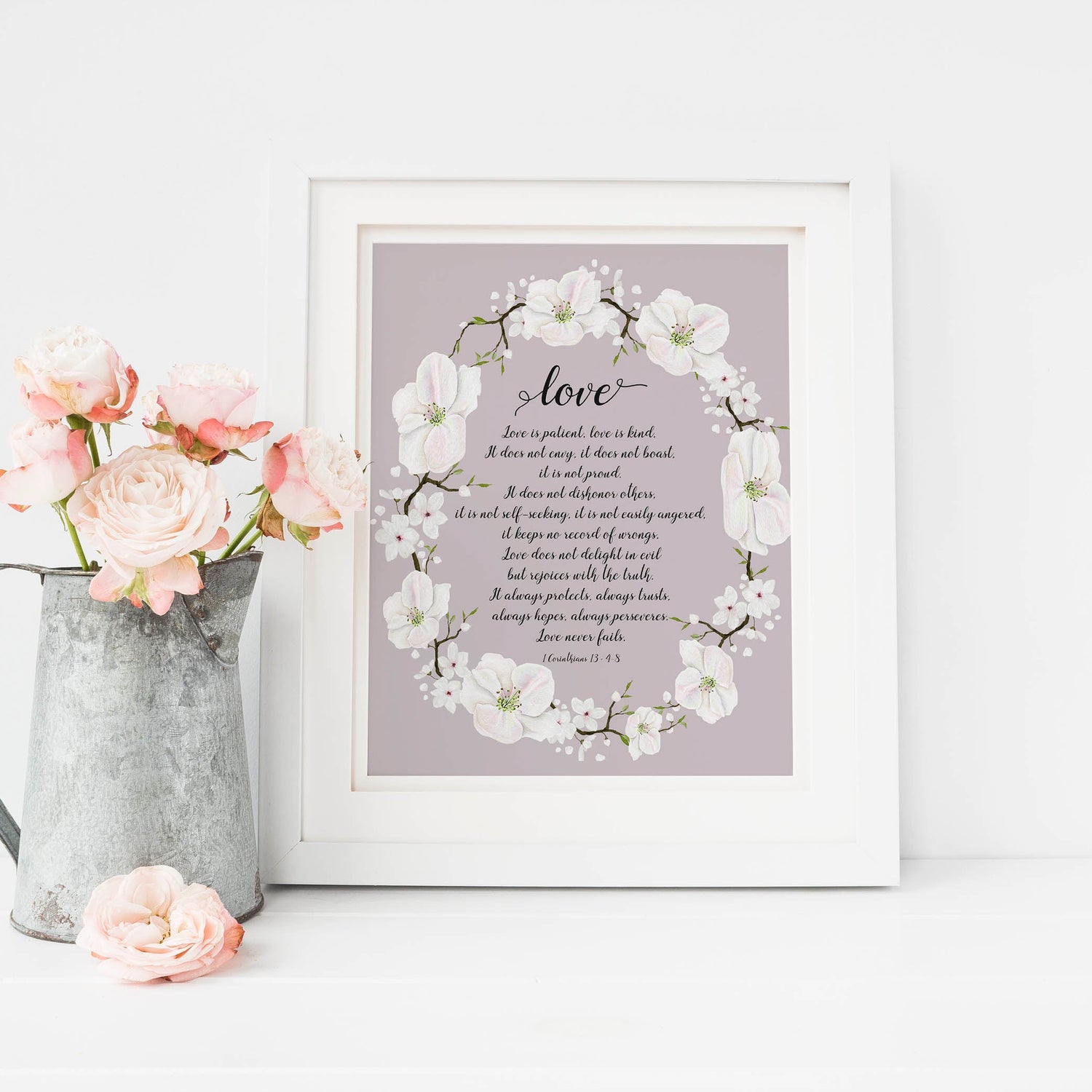 Love is Patient Wall Art, Christian Wedding Gifts, 1 Corinthians 13 Pictures, Floral Bible Verse Print