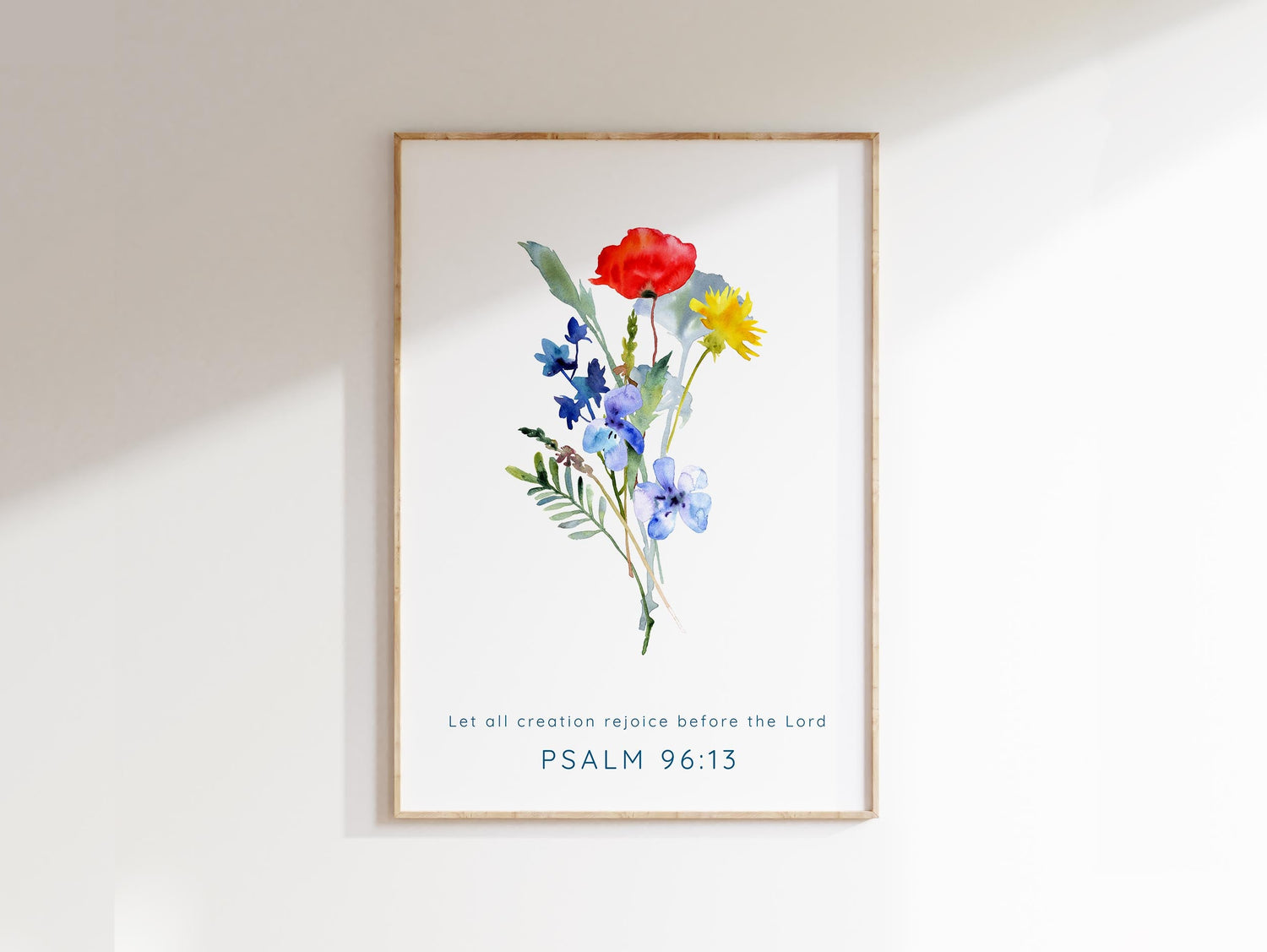 Stunning watercolor wildflower print with poppies, Psalm 96:13 verse - Let all creation rejoice before the Lord, nature-inspired wall art.