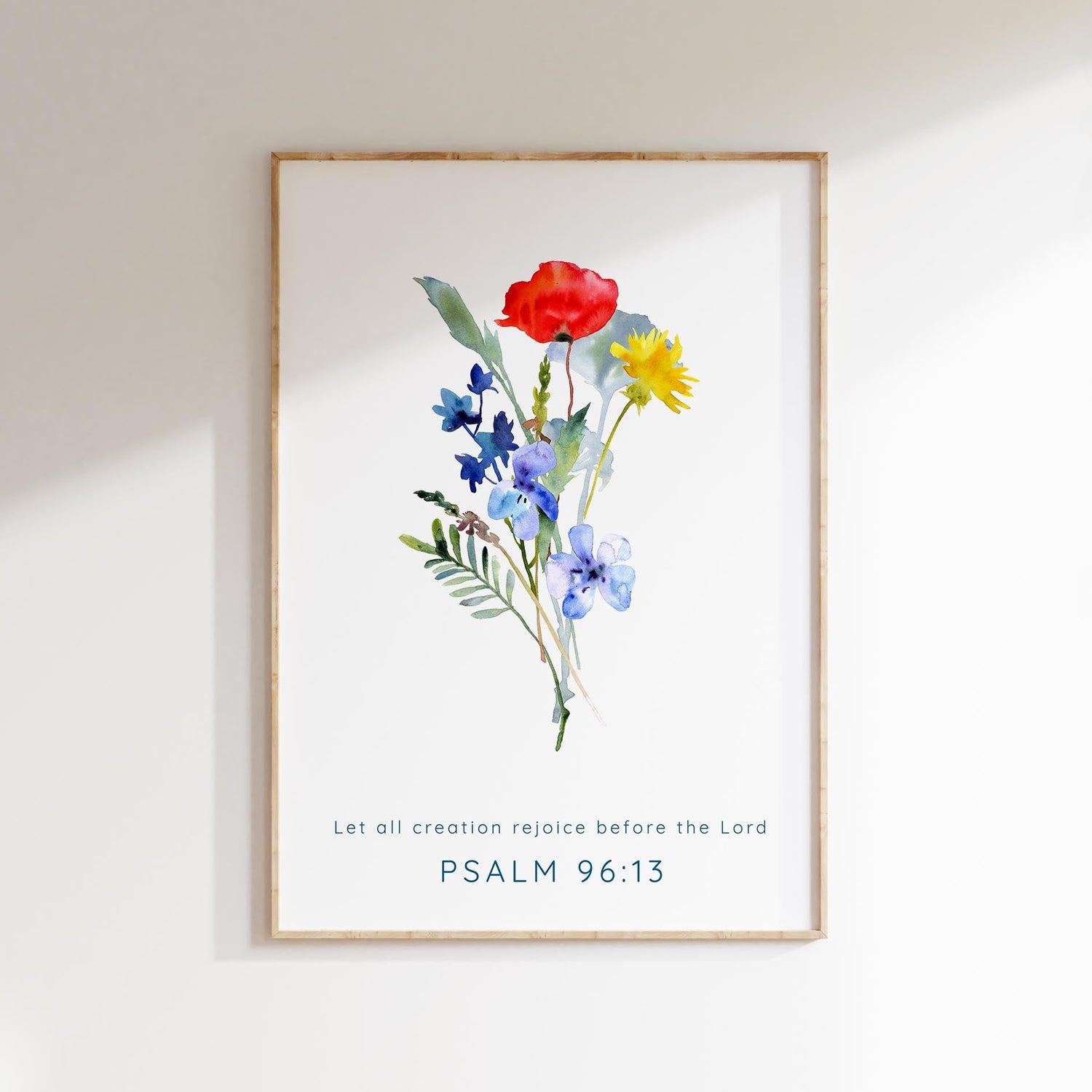 Stunning watercolor wildflower print with poppies, Psalm 96:13 verse - Let all creation rejoice before the Lord, nature-inspired wall art.
